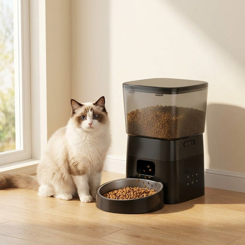 Ragdoll cat sitting beside the black SmartServe automatic feeder in a sunlit room